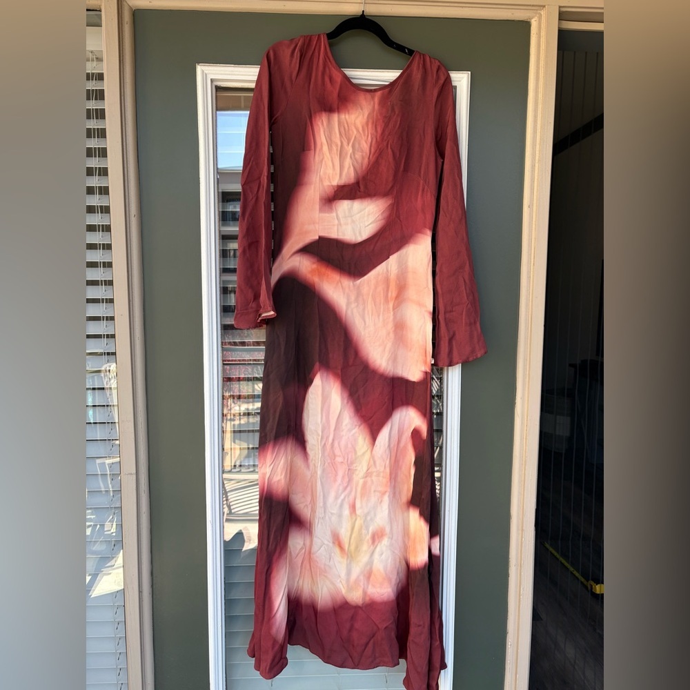 The WOLF GANG Leona Maxi Dress with flare sleeve and florals burgundy dress SZ S - Picture 9 of 16